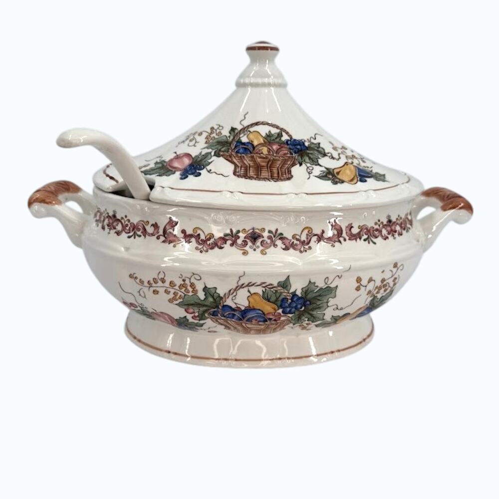 Vintage Japan Harvest Fruit Basket Soup Tureen Lid Ladle Porcelain Serving Bowl